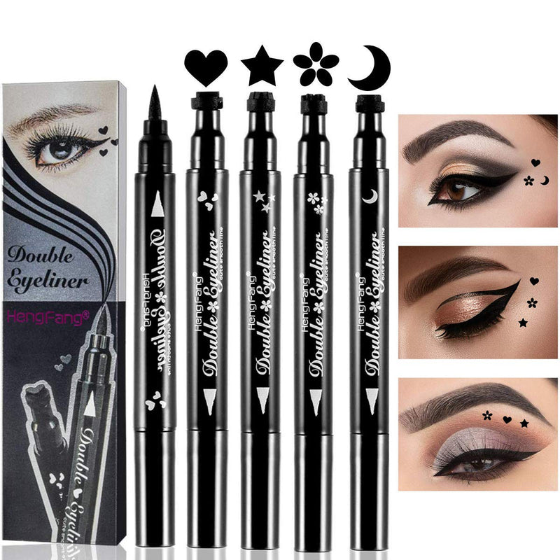 4 Styles/Set Pen Eyeliner Stamp Wing Liner, Waterproof, Double Sided & Long Lasting Eye Pencil , (Heart/Moon/Star /Flowers )Shape Stamp Pen, Super Slim Gel Felt Tip High Black Pigment (4PCS) Topcent