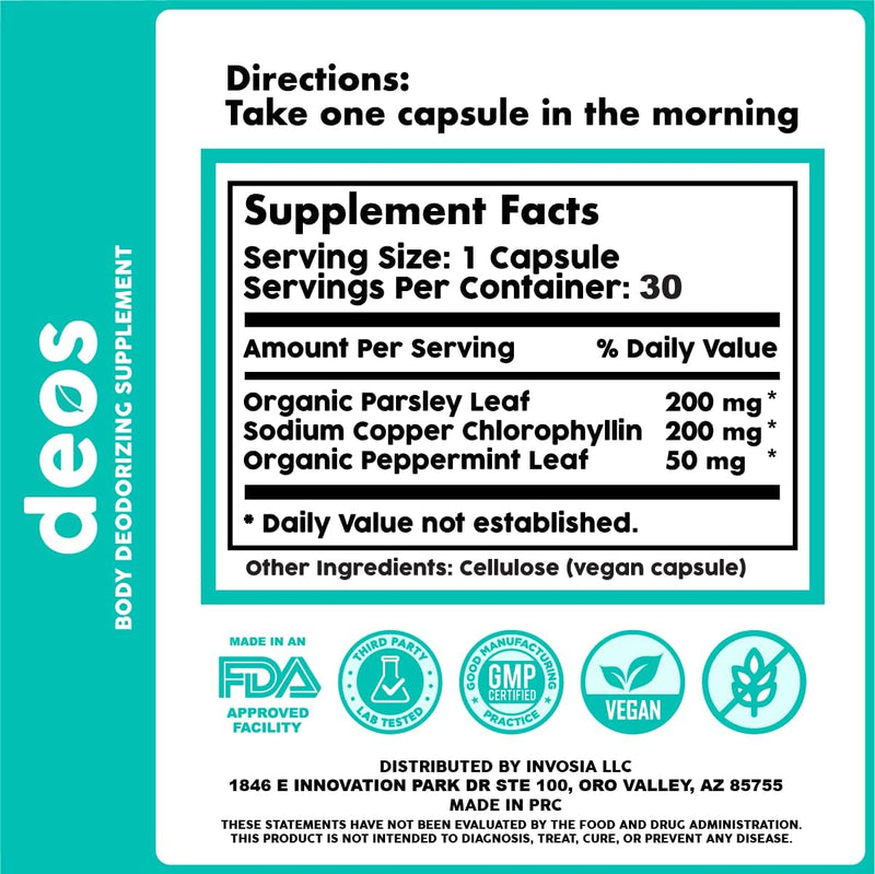 DEOS Internal Deodorant Supplement – Full Body Deodorizer for Gut Health, Skin Health, Detox & Digestion Support – Natural Odor Control Chlorophyll Pills for Head-to-Toe Freshness | 30 Capsules Infinity Warehouse