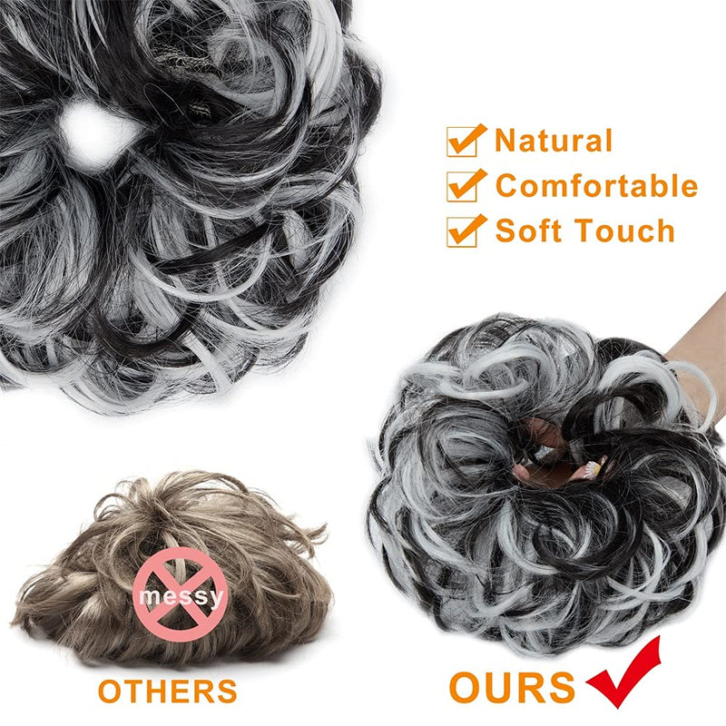Messy Bun Hair Piece for Women Thick Updo Scrunchies Hair Extension Ponytail Hair Accessories Natural Black Mix Silver Grey OMGREAT