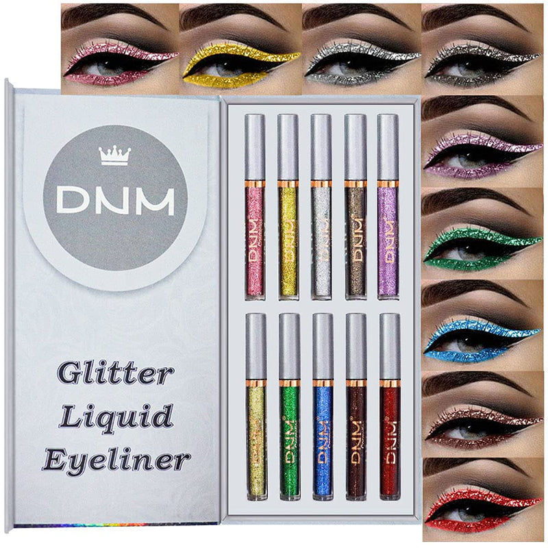 10 Colors Glitter Sparkle Sparkly Sparkling Eyeliner Liquid Makeup Set delineadores de colores,DNM Liquid Glitter Eyeliner Colorful Set Gold Silver white Red Shimmer Liquid Eyeliner Liner for Eyes 04 DNM
