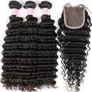 Brazilian Deep Wave Virgin Human Hair Bundles with Middle Part Lace Closure 4×4 Lace Mixed Length Hair Bundles Natural Color for Black Women Miss GAGA (20 22 24 26+18) Miss GAGA Store