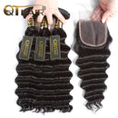 QTHAIR 12A Peruvian Loose Deep Wave Human Hair with Closure(16 18 20+14 Free Part Closure,Natural Black) Peruvian Loose Deep Wave Virgin Hair Weave with 4x4 Swiss Lace Closure with Baby Hair QTHAIR Store