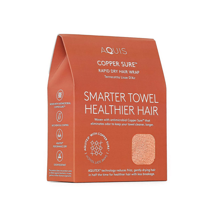 AQUIS COPPER SURE Rapid Dry Microfiber Hair Wrap, Button-Loop Closure Turban Shape, Odor-Resistant Clean Towel Technology, Ultra-Absorbent for Healthier Hair Drying, (10"" x 29"") AQUIS