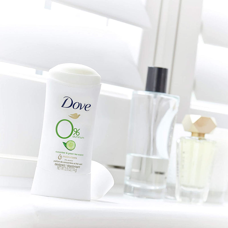 Dove 0% Aluminum Deodorant 24 Hours Odor Protection Cucumber and Green Tea with ¼ Moisturizers and 0% Alcohol 2.6 oz 4 Count Dove