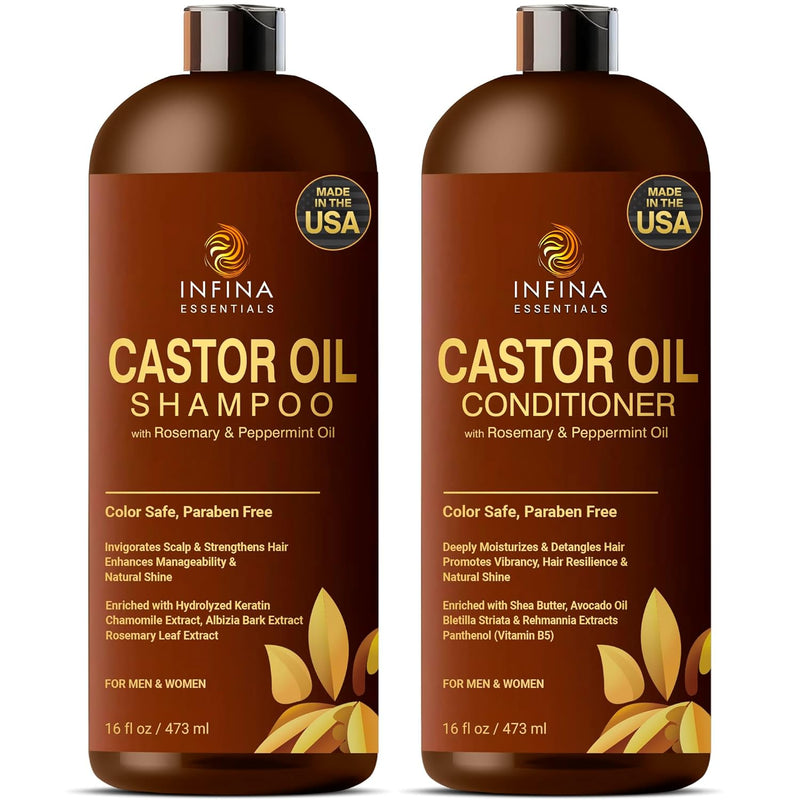 Castor Oil Shampoo and Conditioner Set for Hair Growth with Rosemary & Peppermint Oil - Cleanse Hair, Strengthen & Shine with Castor Shampoo and Conditioner - Anti-Hair Loss for Men & Women - 16 fl oz Infinity Warehouse