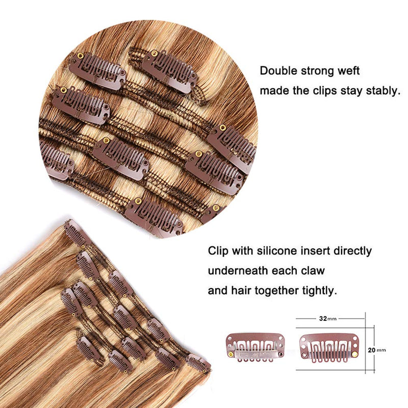 5 Pieces 12 Remy Clip in Hair Extensions Human Hair Light Brown Mixed Blonde Highlights - Beauty Silky Straight Short Thick Real Hair Extensions for Women Fashion (12 inches, 6/613, 60 grams) Amygirl