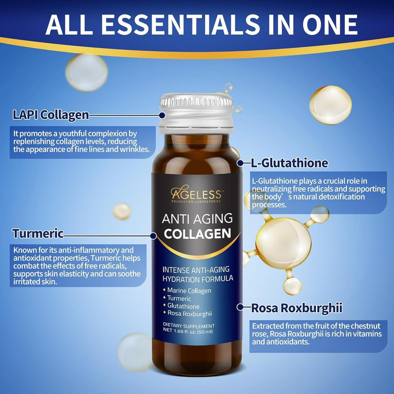 Ageless Anti Aging Collagen Liquid - Marine Collagen, Turmeric, Glutathione, and Rosa Roxburghi - 50 ml (10 Count) Infinity Warehouse