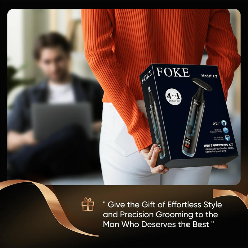 FOKE Back Shaver for Men, Ultra-Wide 1.8" T-Shaped Head, Travel Case, LED 4 in 1 Mens Back Shaver Rechargeable with Long Handle, Safety Lock, IPX7, Multi-Functional Back Trimmer for Men, (Dark Black) Infinity Warehouse