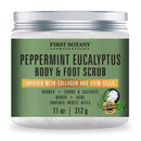 100% Natural Peppermint Eucalyptus Tea Tree Body & Foot Scrub - w/ Collagen & Stem cells, Best for Acne, Dandruff & Warts, Helps with Corns, Calluses, Athlete foot, Jock Itch & Body Odor (11 oz) First Botany