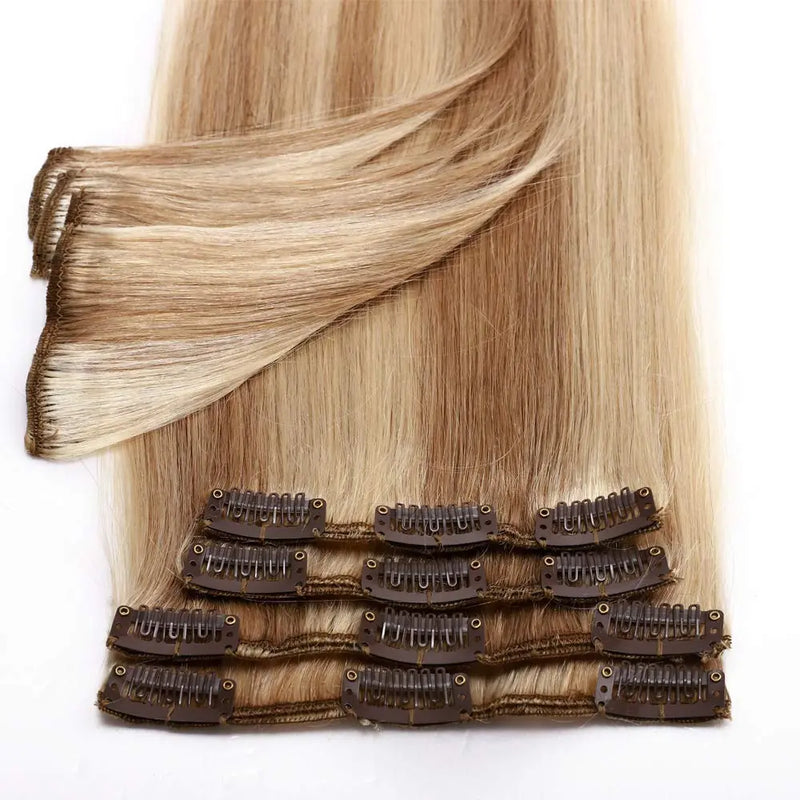 20 Inch Clip in Hair Extensions Human Hair Thin Standard Weft 8 Pcs Clip on Human Hairpieces Highlighted Silky Straight Hair for Women Beauty Balayage
