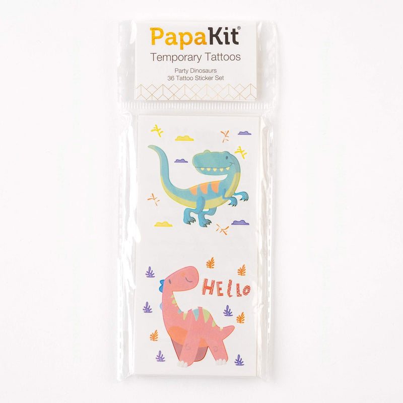 PapaKit Party Dinosaurs 36 Temporary Fake Tattoo Set, 18 Individually Wrapped Sheets | Kids Girls & Boys Birthday Party Favor Gift Reward, Non-Toxic Food Grade Ingredients Safe Removable PapaKit