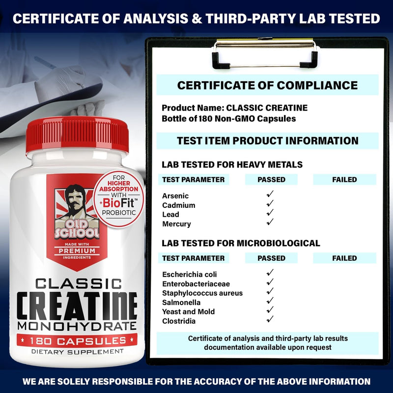 Old School Labs 5000mg Creatine Monohydrate Capsules With BioFit™ (Max Strength) Supports Muscle Growth & Recovery, Performance, Cognitive Health - Creatine Pills for Men & Women, Made in USA 180 Caps Infinity Warehouse