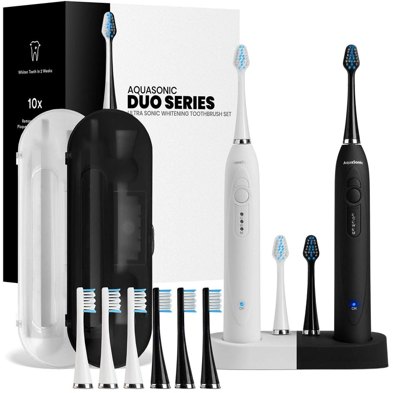 AquaSonic Duo Dual Handle Ultra Whitening 40,000 VPM Wireless Charging Electric ToothBrushes - 3 Modes with Smart Timers - 10 Dupont Brush Heads & 2 Travel Cases Included Aquasonic