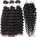 Brazilian Deep Wave Virgin Human Hair Bundles with Middle Part Lace Closure 4×4 Lace Mixed Length Hair Bundles Natural Color for Black Women Miss GAGA (20 22 24 26+18) Miss GAGA Store
