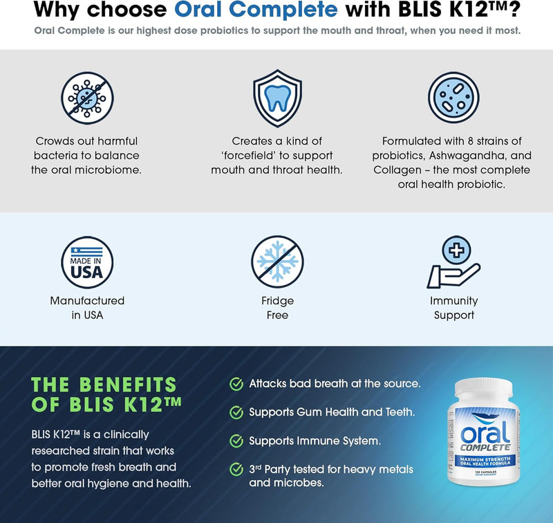 Oral Complete 11-in-1 Dental Probiotics, Bad Breath Treatment Halitosis Tonsil Stone with Non-GMO with BLIS K12, Ashwagandha and Collagen, 120 Capsules Infinity Warehouse