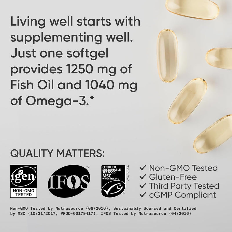 Sports Research Triple Strength Omega 3 Fish Oil - Burpless Fish Oil Supplement w/EPA & DHA Fatty Acids from Single-Source Wild Alaskan Pollock - 1250 mg, 90 ct Infinity Warehouse