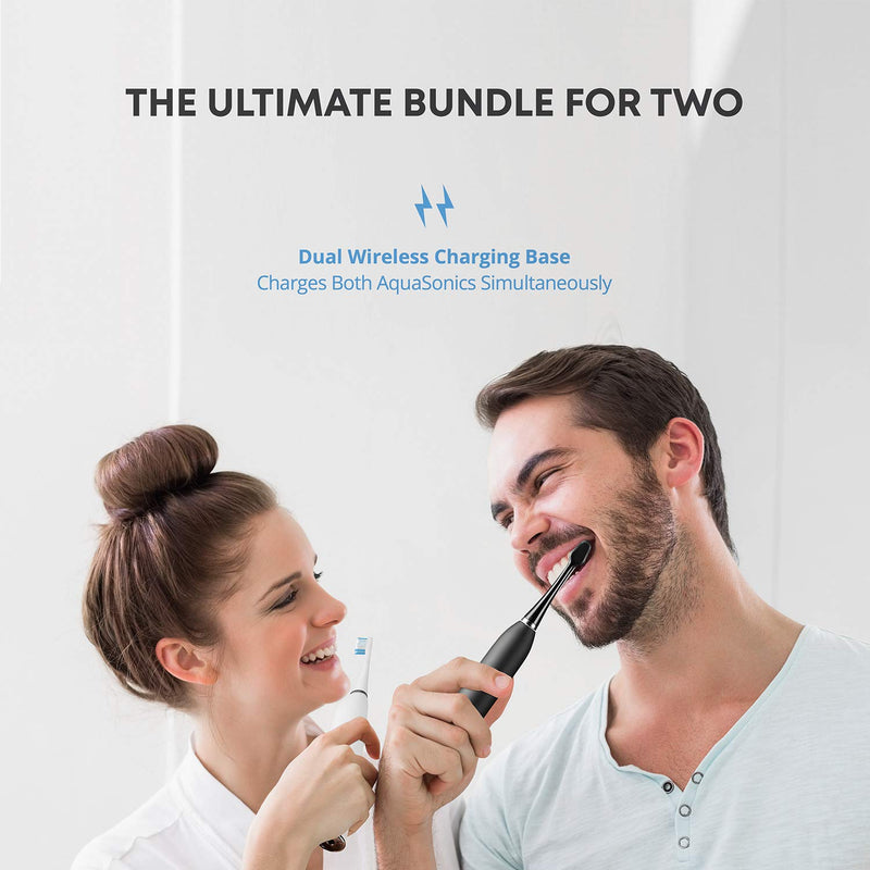 AquaSonic Duo Dual Handle Ultra Whitening 40,000 VPM Wireless Charging Electric ToothBrushes - 3 Modes with Smart Timers - 10 Dupont Brush Heads & 2 Travel Cases Included Aquasonic