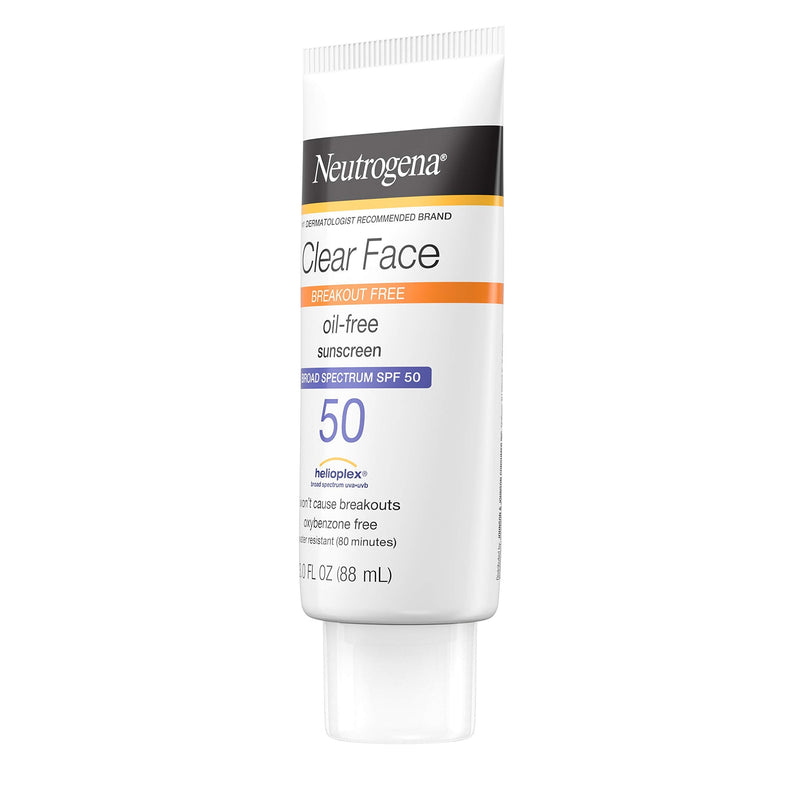 Neutrogena Clear Face Liquid Lotion Sunscreen for Acne-Prone Skin, Broad Spectrum SPF 50 UVA/UVB Protection, Fragrance & Oxybenzone Free Facial, Non-Comedogenic, Unscented, 3 Fl Oz Neutrogena
