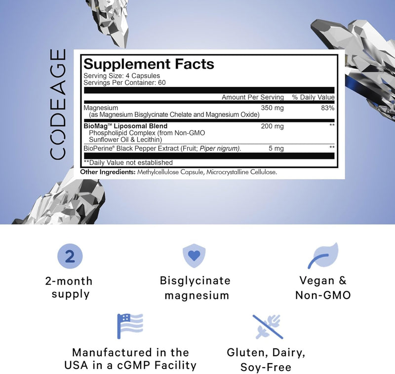 Codeage Liposomal Magnesium Glycinate Supplement, 2-Month Supply, Bisglycinate Magnesium Chelate, Chelated Magnesium Mineral Pills, BioPerine Black Pepper Vitamins Capsules, Non-GMO Vegan, 240 ct Infinity Warehouse