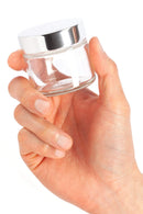 2 oz Clear Thick Glass Straight Sided Jar with Silver Metal Overshell Lid (6 Pack) Empty Storage Containers JUVITUS