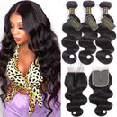 QTHAIR 12A Brazilian Body Wave Bundles with T Part Lace Closure 100% Unprocessed Brazilian Virgin Hair 3 Bundles with 4x1 Middle Part Closure(12 14 16+10) Human Hair Bundles with Closure QTHAIR