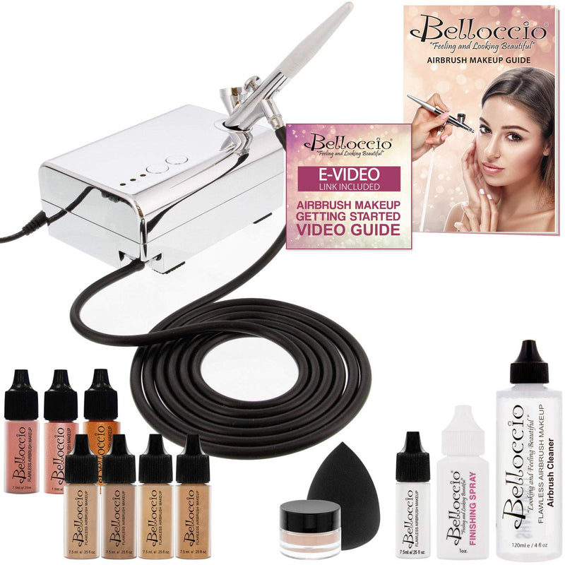 Belloccio Professional Beauty Airbrush Cosmetic Makeup System with 4 Medium Shades of Foundation in 1/4 Ounce Bottles - Kit Includes Blush, Bronzer and Highlighters Belloccio