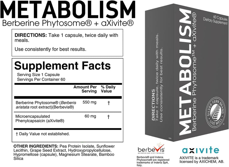 Silver Fern Brand Metabolism Supplement + Berberine Phytosome & aXivite – Supports Function & Wellness – 60 Capsules Infinity Warehouse