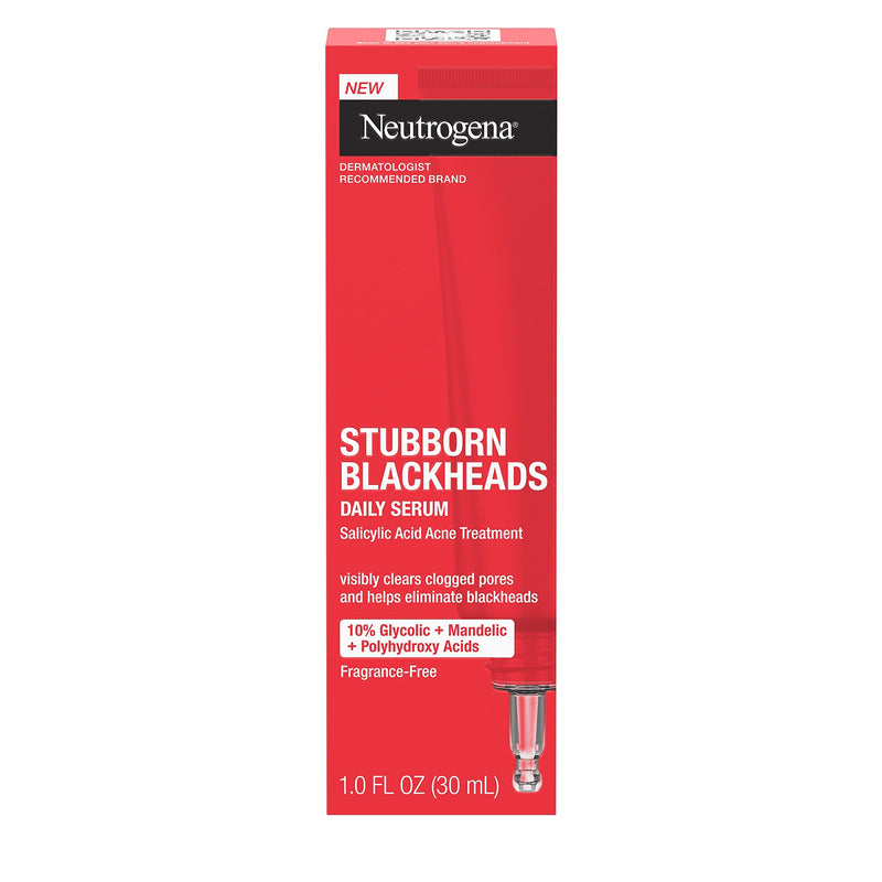 Neutrogena Stubborn Blackheads Daily Acne Facial Serum with Salicylic, Glycolic, Polyhydroxy & Mandelic Acids, Oil-Free Face Serum for Acne-Prone Skin to Help Clear Clogged Pores, 1 fl. oz Neutrogena