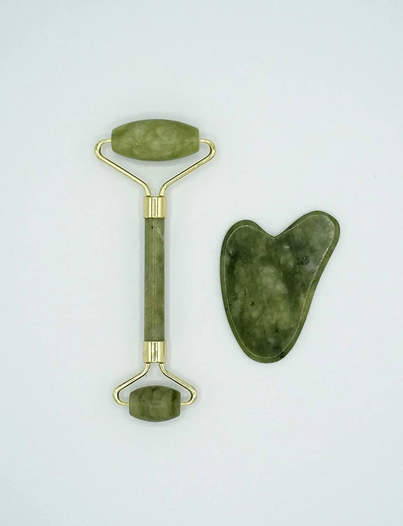 Jade & Ice Roller + Gua Sha Massager Tool Set for Face & Eyes by Charmlily, Puffiness, Reduce Wrinkle Aging, Migraine, Pain Relief on Neck & Body, Cold Facial Original Natural Stone - 3 in 1 CHARMLILY