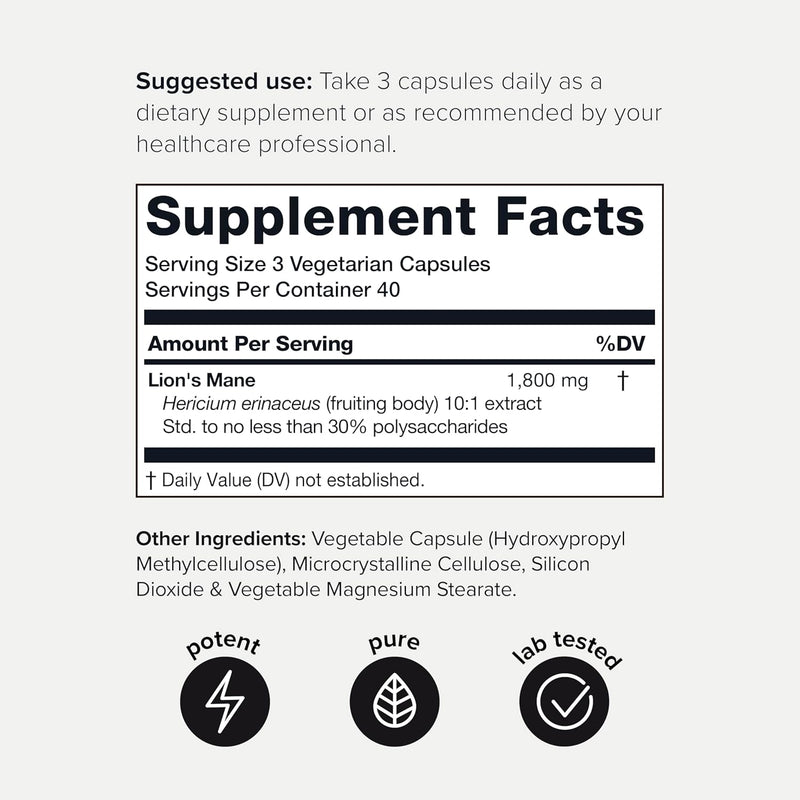 Lion’s Mane - Ultra High Potency 10:1 Extract with 30% Polysaccharides - Highly Concentrated & Bioactive - Third-Party Lab Tested - 120 Capsules Infinity Warehouse