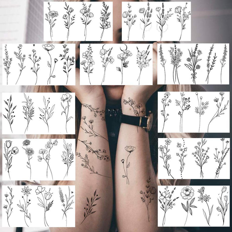 15 Sheets FANRUI Tiny Branch Black Flower Temporary Tattoos For Women Girl Floral Bouquet Small Tattoo Temporary Wild Plant Lavender Sweet Pea Larkspur Fake Tatoo Adults Face Hands Kids Kit Sticker FANRUI Store
