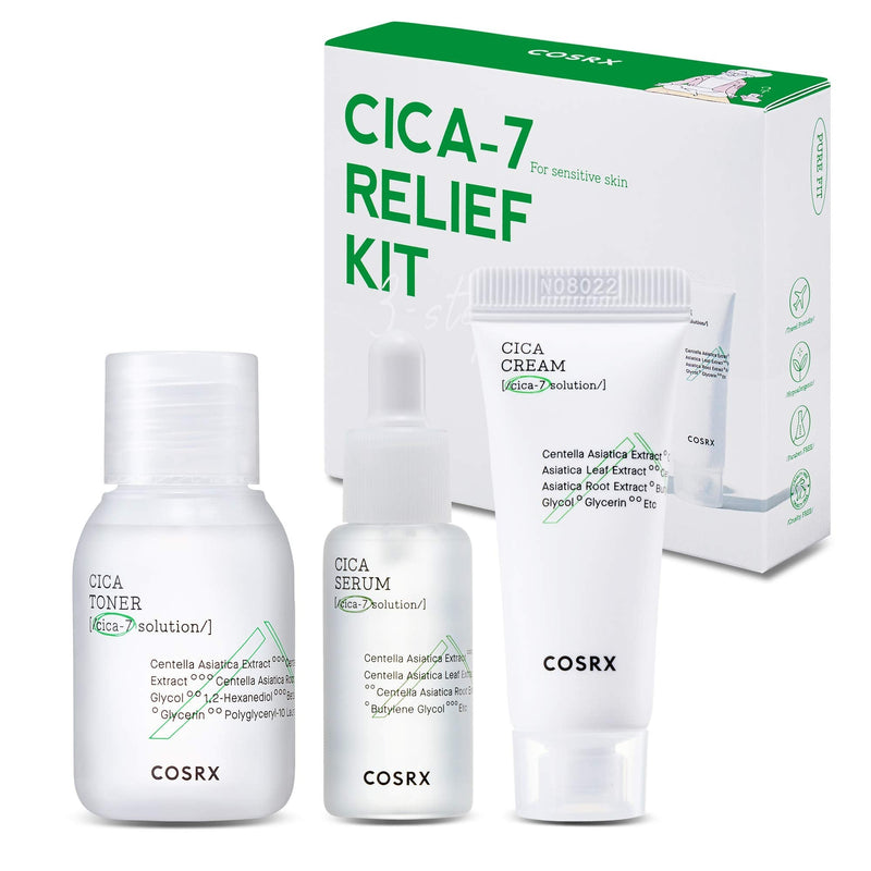 COSRX CICA-7 Relief Kit | TSA Approved Travel Size, Gift Set | Pure Fit CICA Trial | Toner, Serum, Cream | Centella Asiatica, Sensitive Skin, Soothing, Moisturizing COSRX