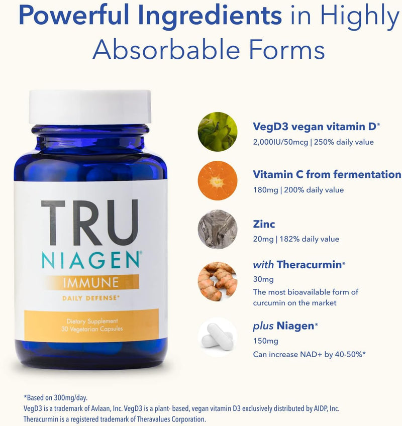 TRU NIAGEN Immune Support Supplement - Daily Defense - Vitamin C from Fermentation, Vegan Vitamin D3 2000 IU, Zinc, Plus Theracurmin (Curcumin) + Multi Award-Winning NAD Boosting Niagen 150mg 30ct Infinity Warehouse