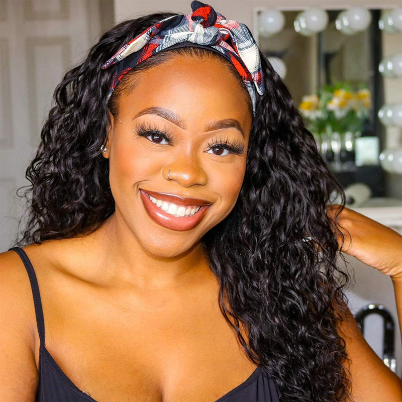 Beauty Forever Headband Human Hair Wig Water Wave Glueless Human Hair Wigs With Pre-attached Scarf Non Lace Front Wigs for women Natural Color 150% Density 24 Inch Beauty Forever Store