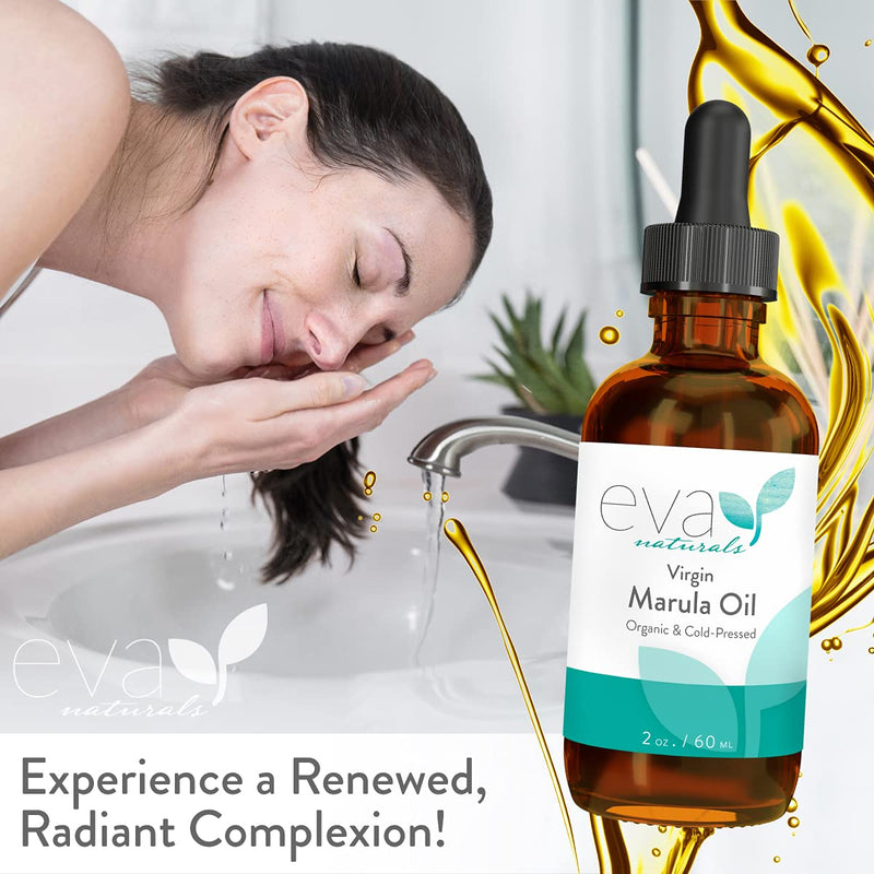 Organic Marula Oil for Face and Hair, 100% Virgin Moisturizing Beauty Oil - Cold Pressed, Natural Anti-Aging Formula - Non-greasy, Unrefined, Rich in Omegas & Antioxidants - 2oz. Eva Naturals