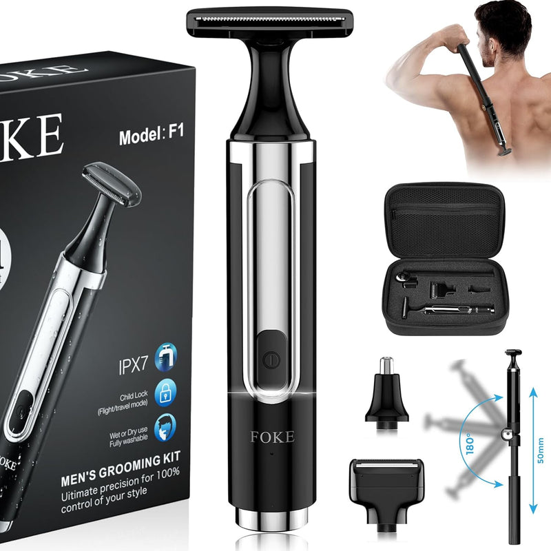 FOKE Back Shaver for Men, Ultra-Wide 1.8" T-Shaped Head, Includes Travel Case, Mens Back Shaver Rechargeable with Long Handle, Safety Lock, Waterproof IPX7, Multi-Functional Body Hair Trimmer,(Black) Infinity Warehouse