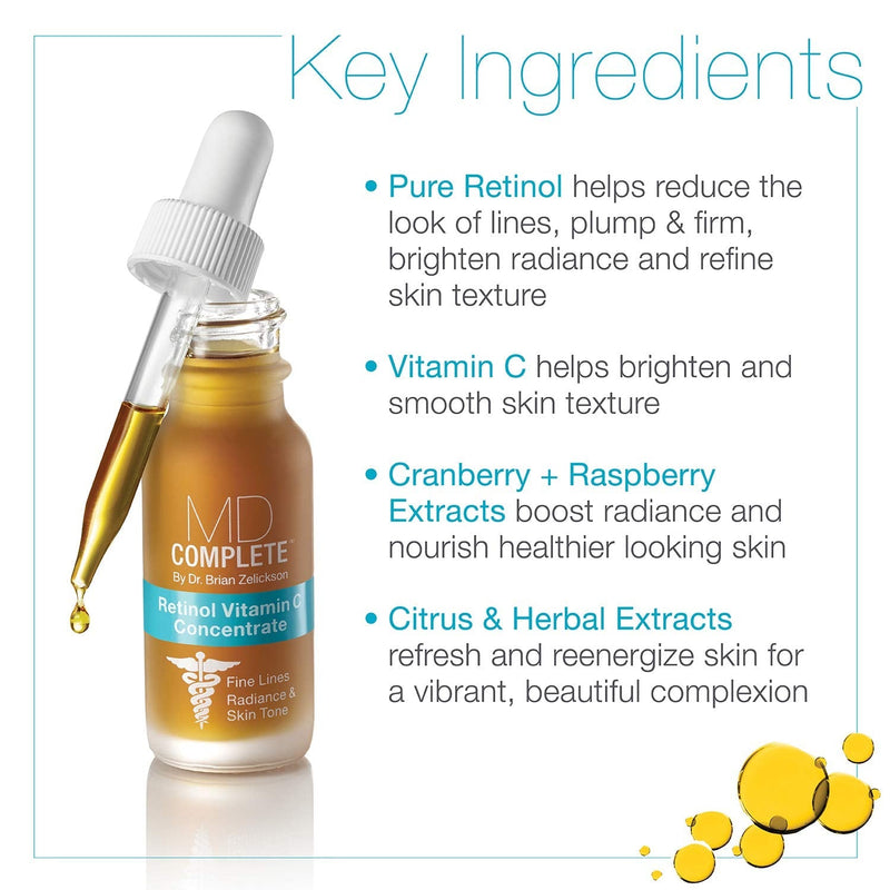 MD Complete Retinol Vitamin C Concentrate Serum | Anti-Aging High Potency Vitamin C Serum | with Retinol, Vitamins C & E, Omega 3-6 & 9, Fruit Seed Extracts 0.5fl oz MD Complete by Dr. Brian Zelickson