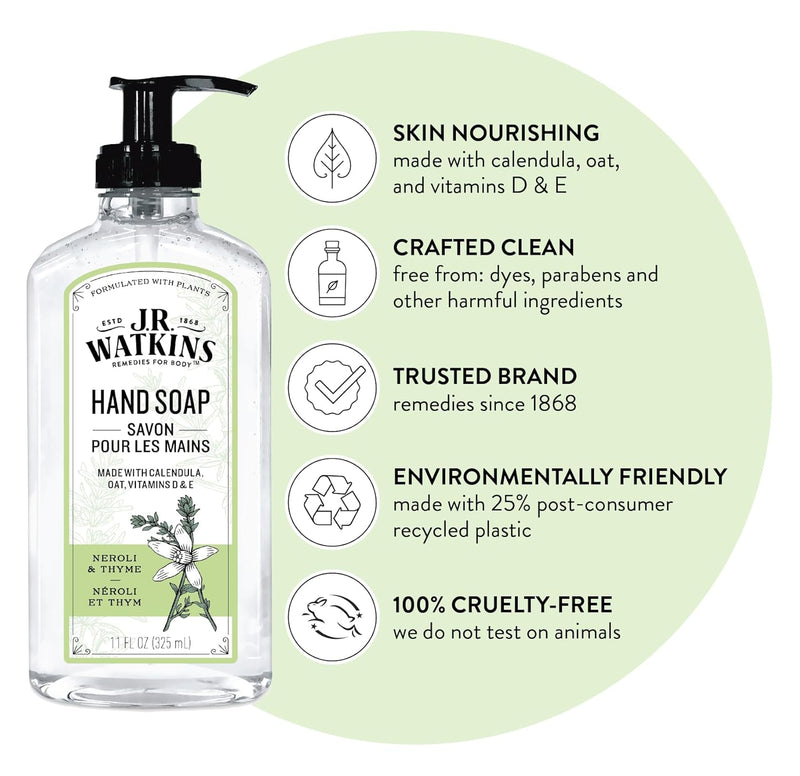 J.R. Watkins Gel Hand Soap For Bathroom or Kitchen, Scented, Cruelty Free, 11 Fl Oz, Neroli & Thyme, 3 Pack Infinity Warehouse