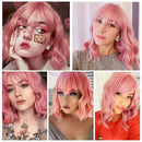 Relena Pastel Wavy Pink Wig with Bangs Short Wavy Bob Wig for Women Shoulder Length Curly Bob Wig Women's Cosplay Wig Synthetic Colorful Costume Wigs(14", Pink) Relena