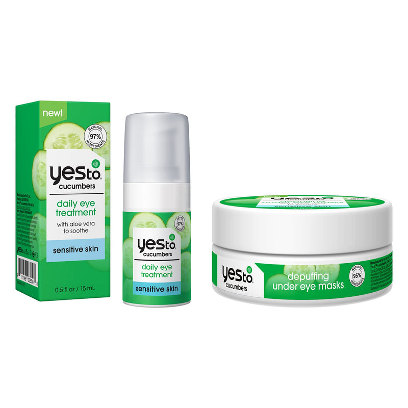 Yes To Cucumber Soothing Depuffing Under Eye Masks + Daily Eye Treatment - For Sensitive Skin + Calm, Soothe and Hydrate Skin + 98% Natural Ingredients, (2 Pack), white Yes To
