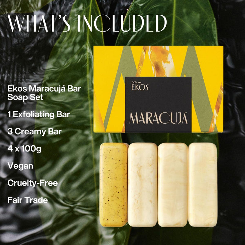 natura - Ekos Maracujá Creamy & Exfoliating Bar Soap Set (4 Pack) - 1 Exfoliating Bar, 3 Creamy Bars - Pure Plant Based Oils - Vegan Skin Care - Brazilian Beauty Secrets - Self Care - 3.5oz (100g) Infinity Warehouse