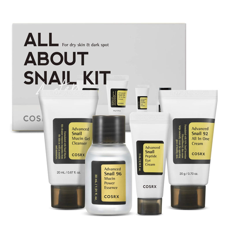 COSRX All About Snail Korean Skincare | TSA Approved Travel Size, Gift Set |Cleanser, Essence, Cream, Eye-cream | Snail Mucin for Repairing, Recovering, Rejuvenating COSRX
