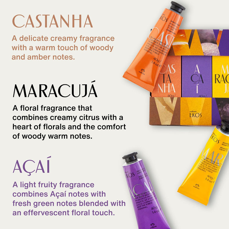 natura - Ekos Tropical Hand Cream Trio Variety Pack, 3 Creams - (1) Maracujá, (1) Castanha, & (1) Açaí Hand Cream - Vegan Skin Care - Brazilian Beauty Secrets - Self Care & Body Care - 1.41oz (40g) Infinity Warehouse