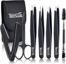 TsMADDTs 7PCS Tweezers Set for Women Facial Hair, Precision Tweezer for Eyebrows with Curved Scissor and Eyebrow Razor for Ingrown Hair, Yellow&Green