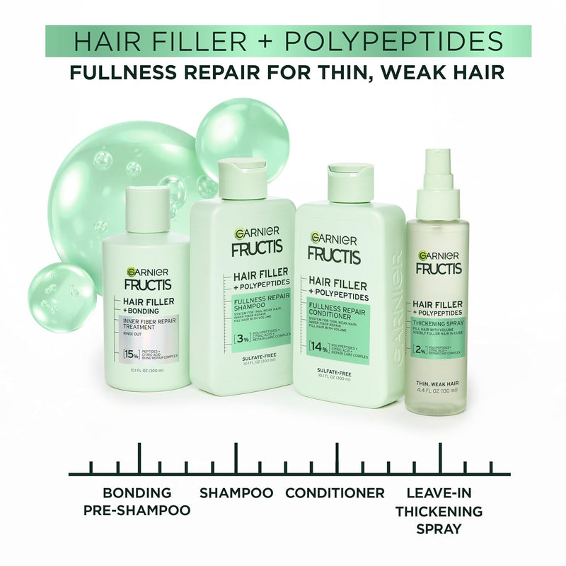 Garnier Fructis Hair Filler Bonding Pre-Shampoo + Fullness Repair Shampoo, Conditioner + Thickeing Spray Set with Polypeptides (4 Items), 1 Kit Infinity Warehouse