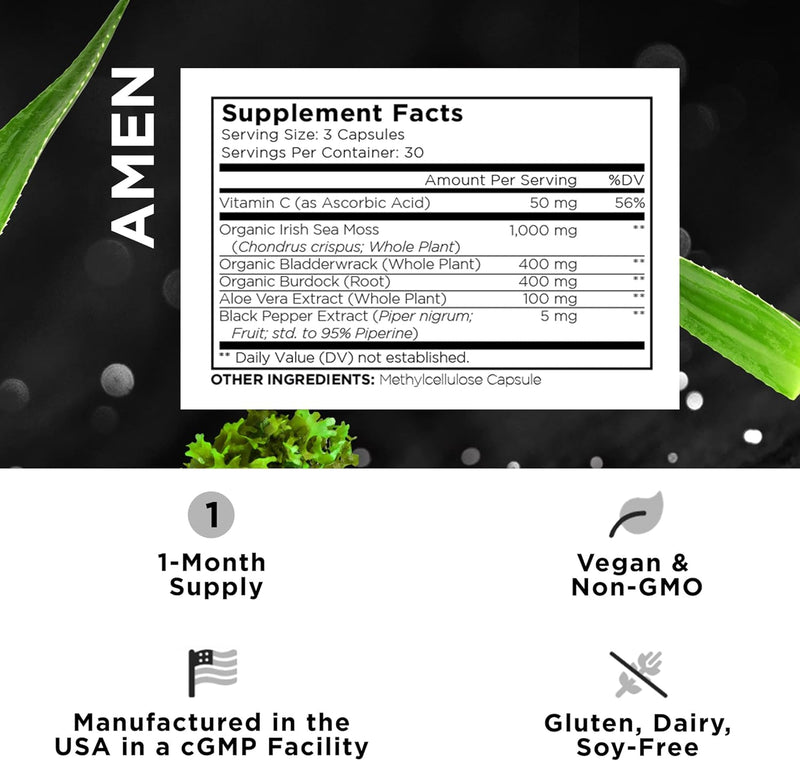 Amen Sea Moss Supplement - 1000mg Organic Irish Sea Moss, Bladderwrack, Burdock - Vitamin C, Aloe Vera, Black Pepper - Seaweed Superfood, Vitamins, Minerals, and Antioxidants - Non-GMO - 90 Capsules Infinity Warehouse