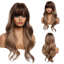 Esmee 24" Long Wavy Wigs with Bangs Dark Brown Roots Light Brown Wigs for Women Long Wave Brown Ombre Hair with Blonde Wigs,Heat-resistant synthetic wigs for daily parties and role-playing. Esmee