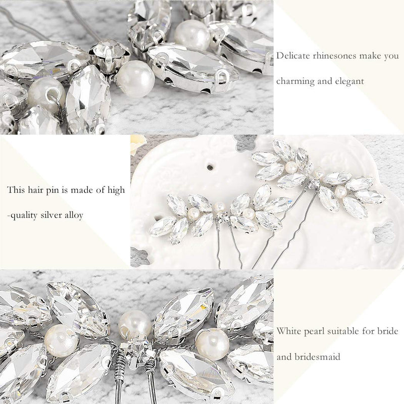 Aukmla Crystals Wedding Hair Pins White Pearl Hair Clips Handmade Bride Headpiece Alloy Wire Hair Accessories for Women and Girls (2 PCs) HP-05 Aukmla