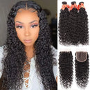 Water Wave Bundles with Closure Brazilian Curly Weave Bundles with Closure Unprocessed Wet and Wavy Bundles with 4x4 Free Part Lace Closure Human Hair Extensions Natural Color(24 26 28 +20) Alimog Store