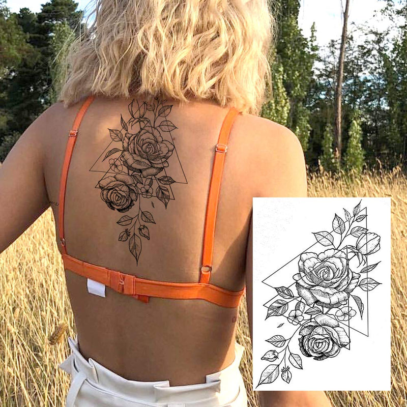 6 Sheets FANRUI Sexy Large Geometric Flowers Temporary Tattoos For Women Girls Triangle Rose Painting Big Peony Tatoos Paper Waterproof Arm Back Legs Camellia Floral Fake Tattoo Sticker Realistic FANRUI